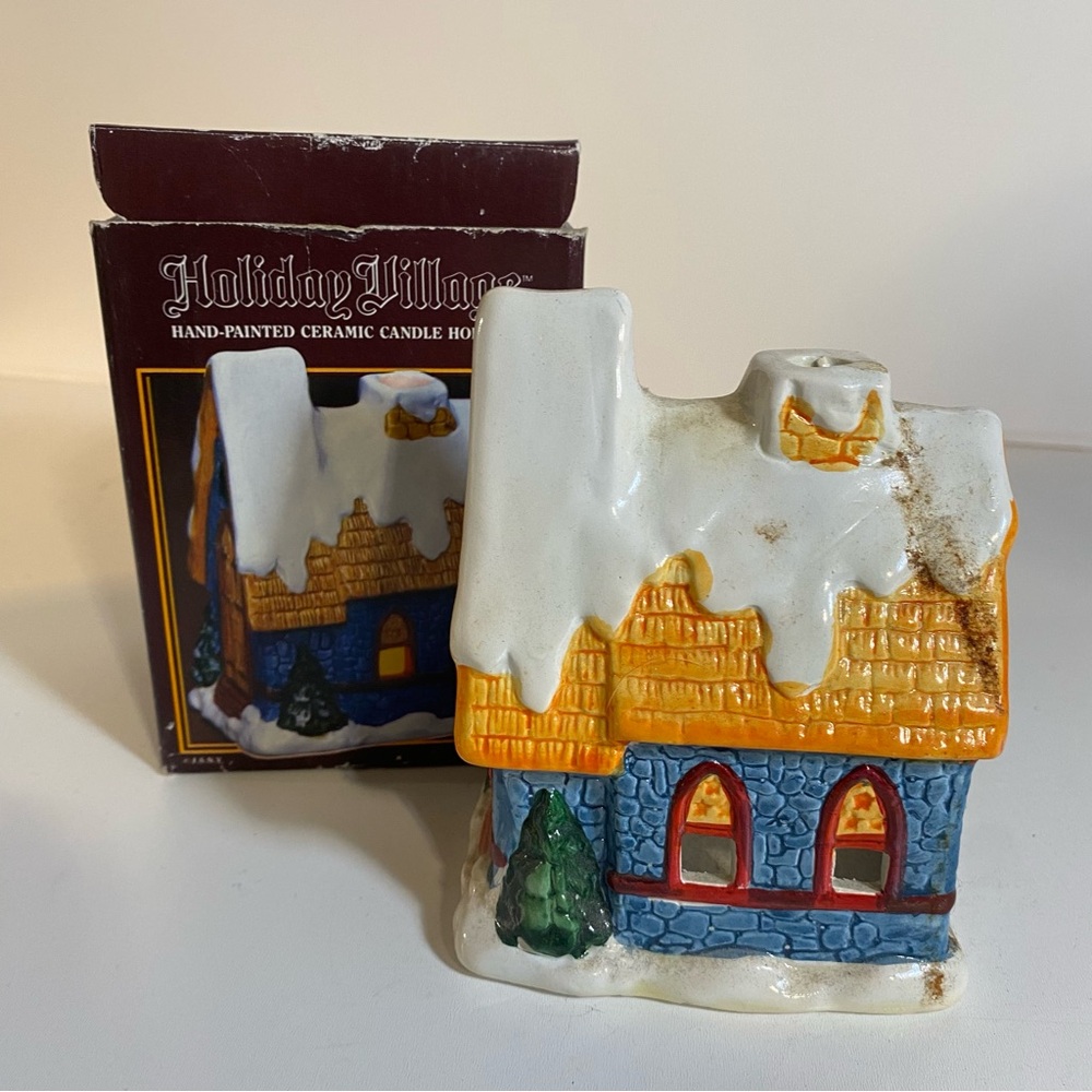 Holiday Village Hand Painted Ceramics Church Candle Holder
